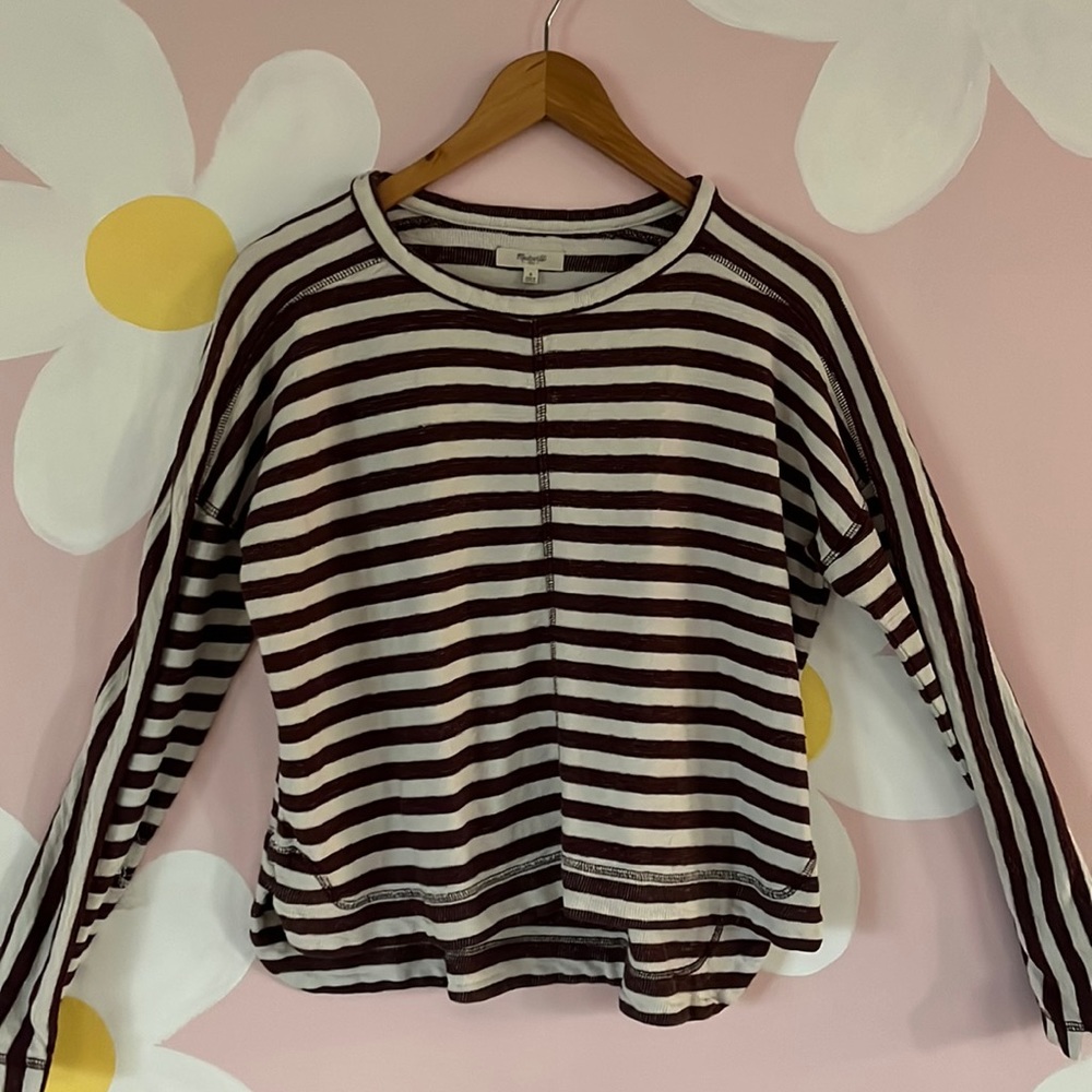 Madewell Women’s Small Burgundy Striped Cotton Long Sleeve Knit Top Shirt